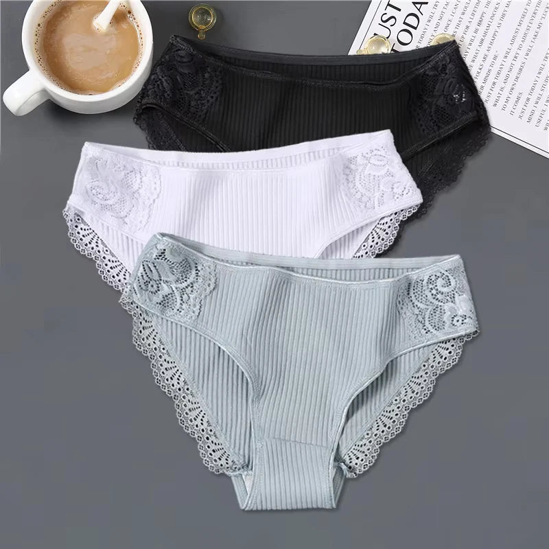 FINETOO 3Pcs/set Women Cotton Low-Rise Underwear Panties Trendy Patchwork Lace Briefs - BeautiMass