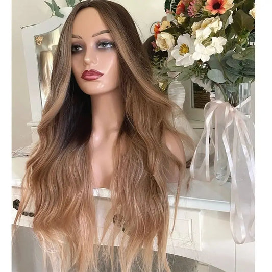 Ombre Honey Blonde Brown Loose Wave Wig Synthetic Lace Front Wig Heat Resistant Fiber Hair Wigs Preplucked Hairline Glueless Wig BeautiMass