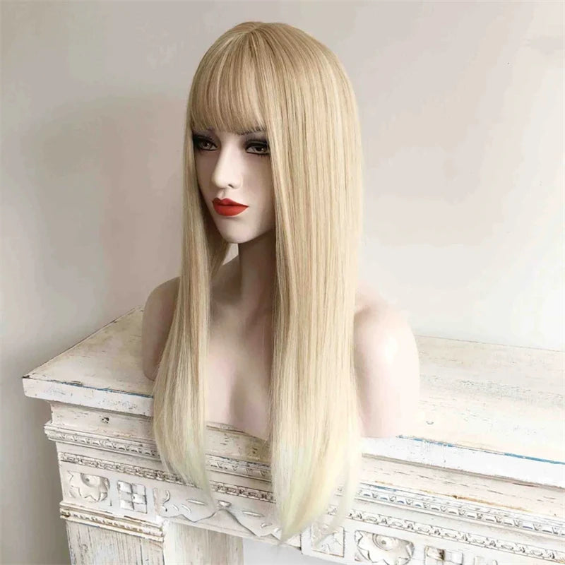 Ombre Platinum Blonde HD Transparent Lace Front Wig With Bangs Glueless Synthetic Wigs Pre Plucked Straight Synthetic Lace Wig BeautiMass