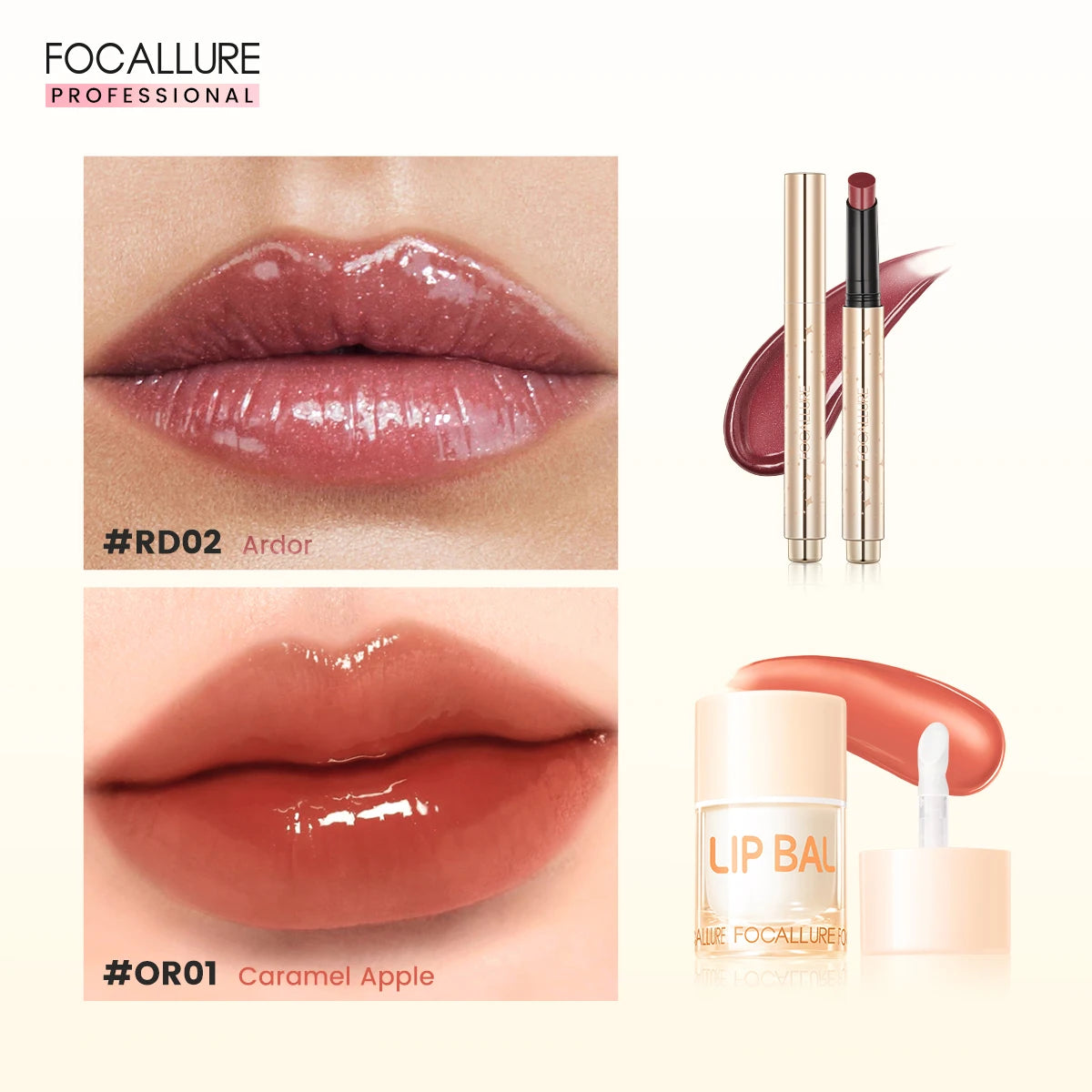 FOCALLURE 2 Pcs Lips Makeup Set Pearlescent Lipstick Pen Non-Sticky Mirror Lip Glosses Moisturizing Lip Balm Lipstick Cosmetics BeautiMass