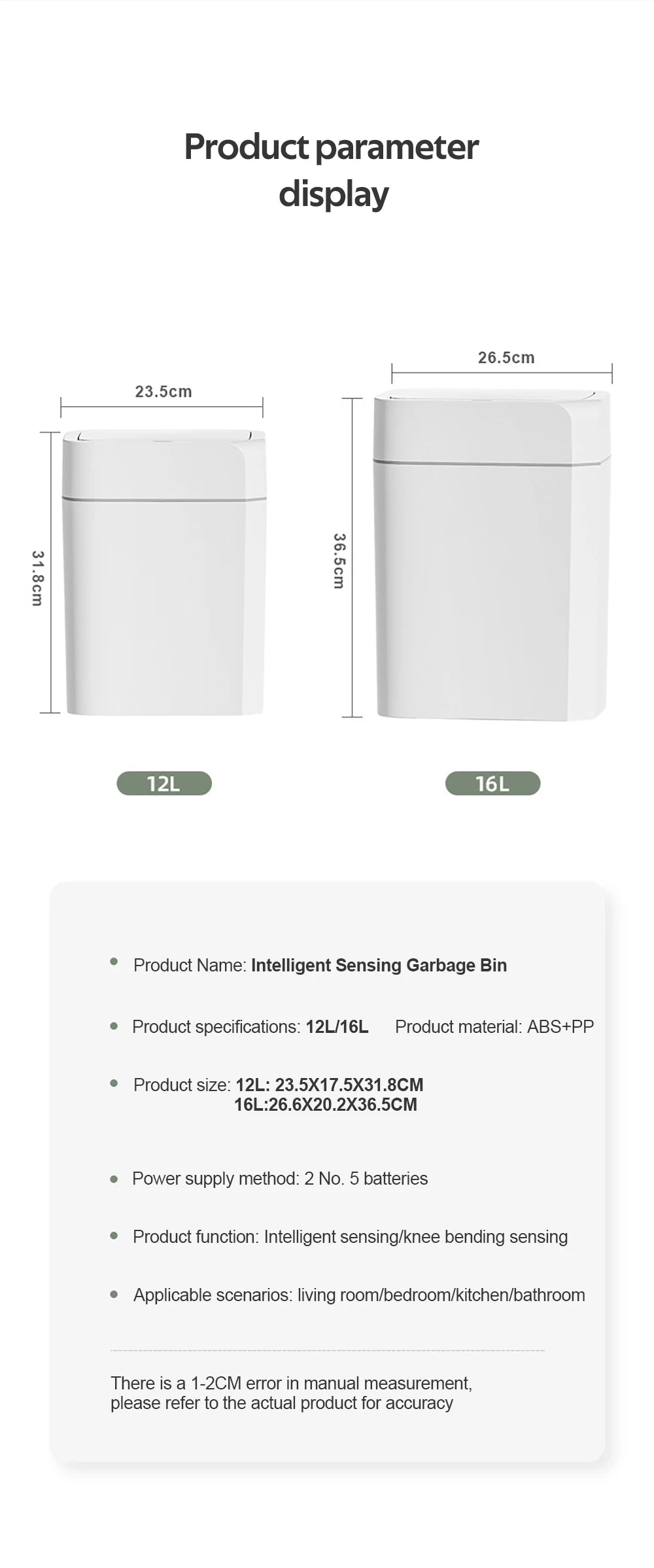 12L+16L Smart Sensor Anti odor Automatic Trash Bin For Toilet White Electric Wastebasket - BeautiMass