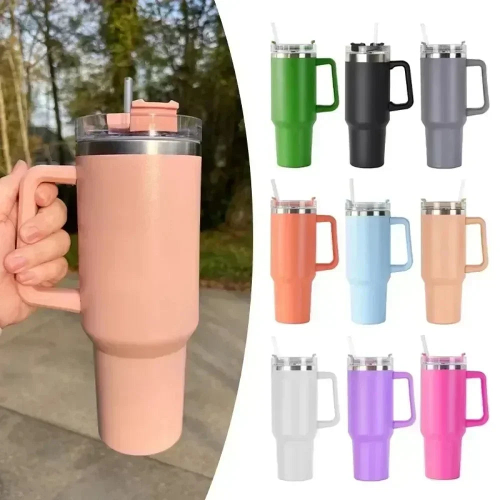 1200ML 304 Stainless Steel Insulated Water Bottle,40oz Thermal Coffee Car Cup, Cold Hot Mugs Vacuum Flask With Handle Straw,For BeautiMass