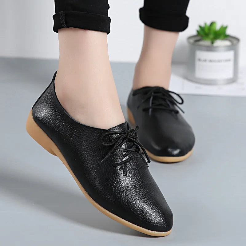 Women Medical Oxford Comfortable Casual Leather Shoes ballet Flats Lace up Soft - BeautiMass