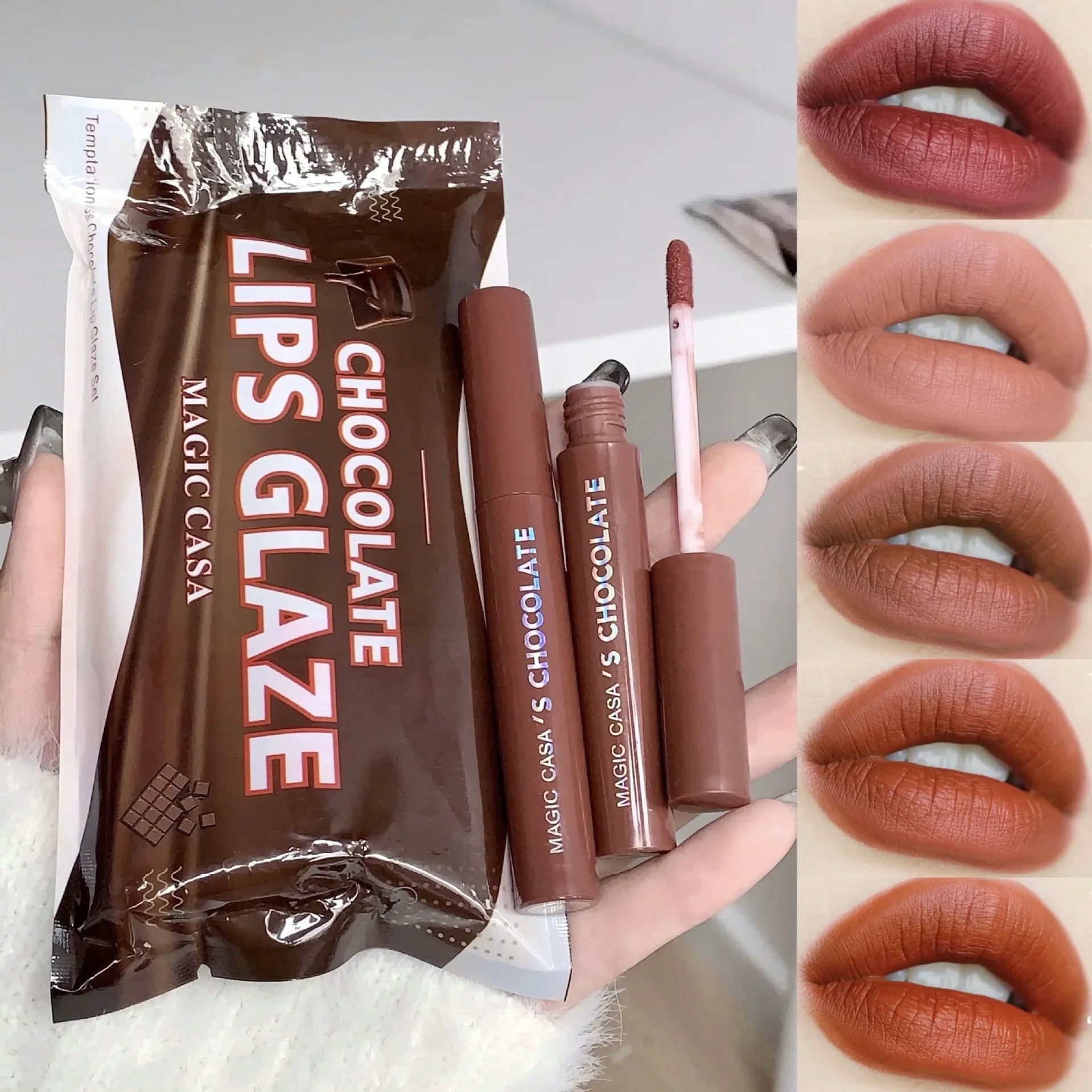 5Pcs/Set Chocolate Color Lip Glaze Tint Velvet Matte Lipstick Korean Cosmetics Long-lasting Lip Gloss Lipstick Milk Coffee Color BeautiMass