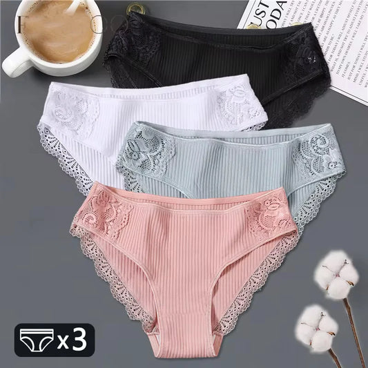 FINETOO 3Pcs/set Women Cotton Low-Rise Underwear Panties Trendy Patchwork Lace Briefs - BeautiMass