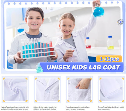 1-12PCS Unisex Child School Lab Coat Scrubs White Doctor Scientist Costume - BeautiMass