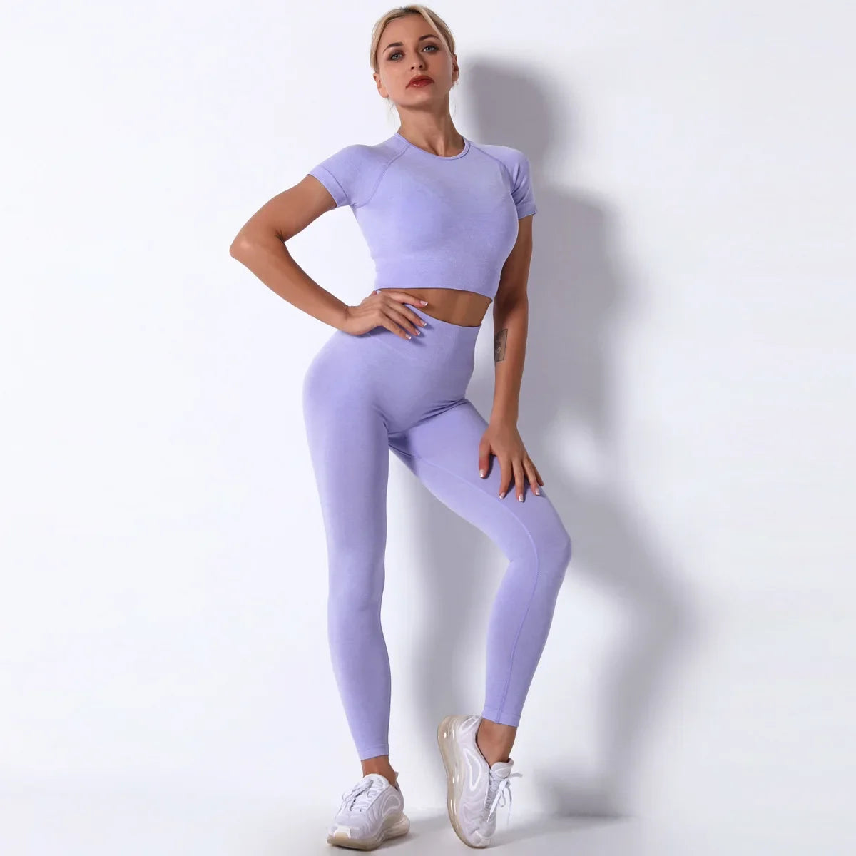 Yoga Sets Gym Women Sport Clothing Short Sleeve Top High Waist Leggings Sports Suit Workout Wear Fitness Suits Sportswear - BeautiMass