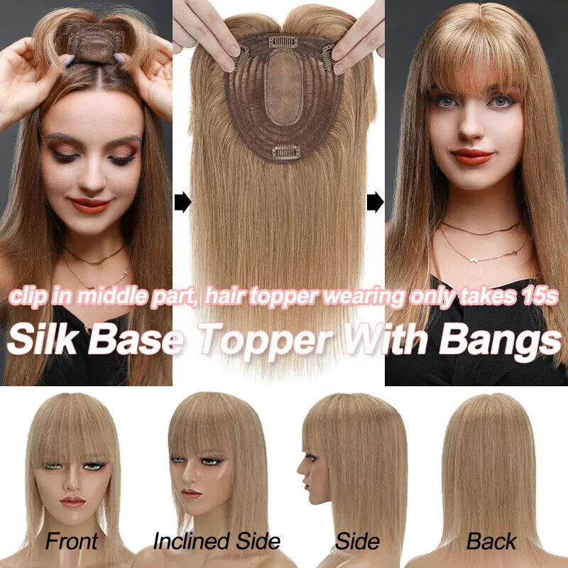 Women Toupee Silk Base Topper Clip In Real Human Hair Wigs Hairpiece With Bangs Straight Hair Toppers For Women Hair Extensions BeautiMass