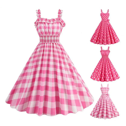 Women Vintage Barbie Plaid Dress Retro Strap Suspenders - BeautiMass