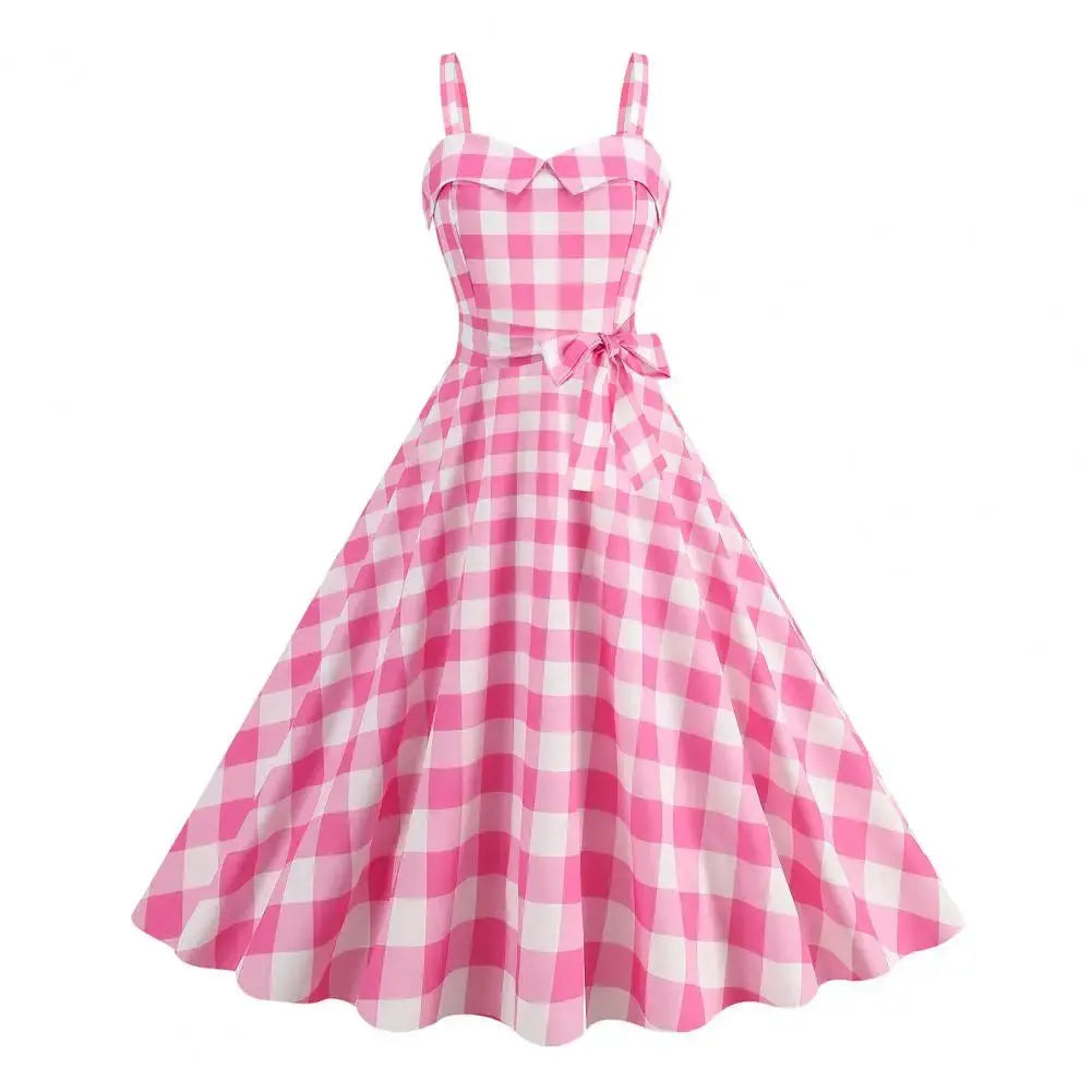 Women Vintage Barbie Plaid Dress Retro Strap Suspenders - BeautiMass