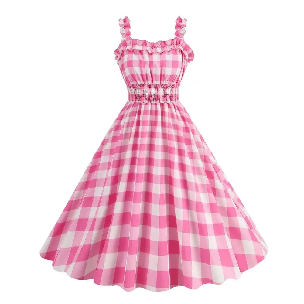 Women Vintage Barbie Plaid Dress Retro Strap Suspenders - BeautiMass