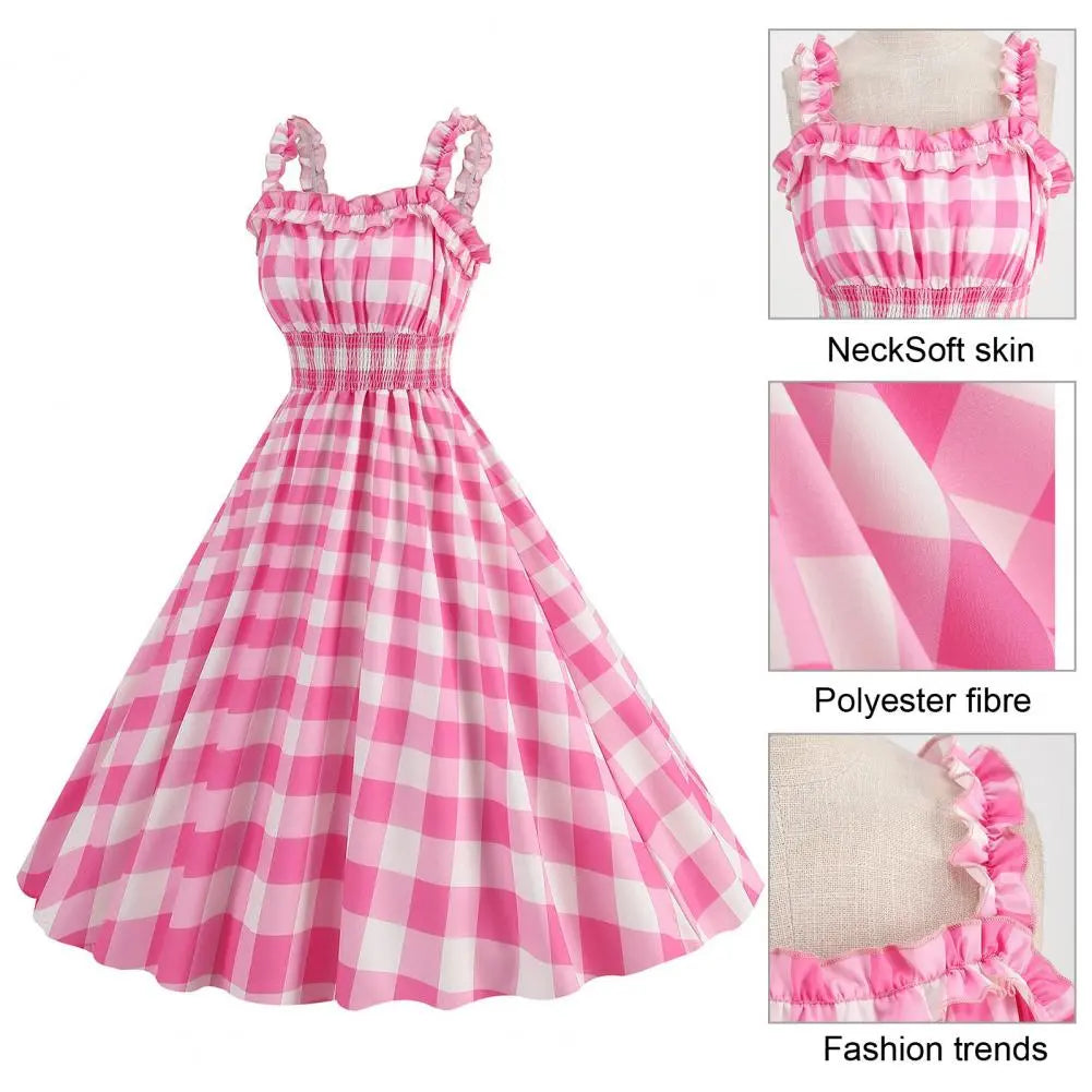 Women Vintage Barbie Plaid Dress Retro Strap Suspenders - BeautiMass