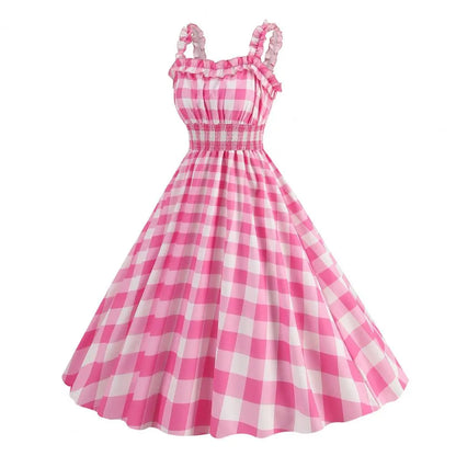 Women Vintage Barbie Plaid Dress Retro Strap Suspenders - BeautiMass